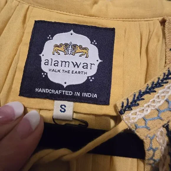 ALAMWAR Anthropologie Peasant Top Womens SM Gold Embroidery Tassel Boho Festival - Picture 6 of 13